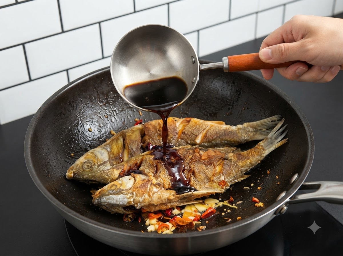 Una mano usando un cucharón de metal para verter una mezcla de salsa de soja oscura sobre el pescado frito y los aromáticos en el wok.