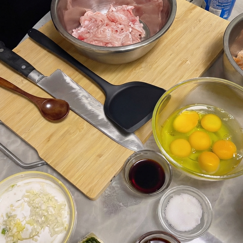 Tiritas de cerdo magro en un bol de acero inoxidable mezcladas con salsa de soja, ajo y especias.