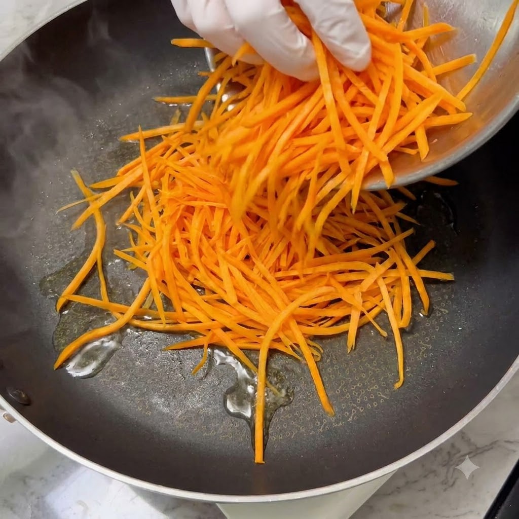 Zanahorias finamente ralladas cocinándose en una sartén caliente con aceite usando una espátula.