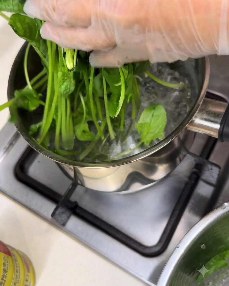 Espinacas frescas blanqueándose en una olla con agua hirviendo en la estufa.