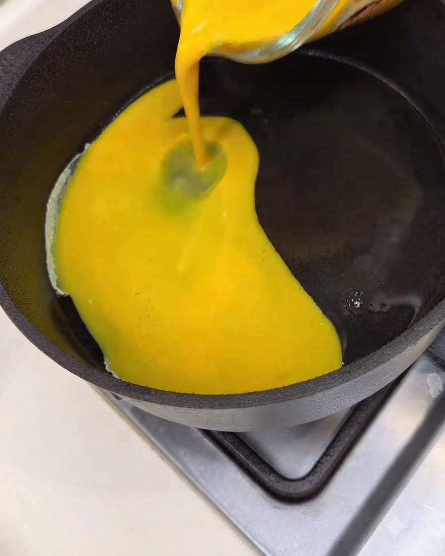 Huevos amarillos batidos vertidos en una sartén de hierro fundido caliente y engrasada.