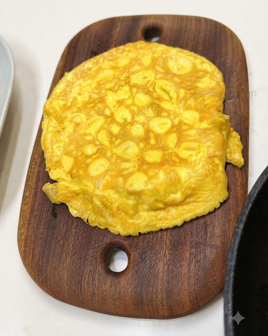 Una tortilla de huevo amarilla cocida reposando en una tabla de cortar de madera ovalada.
