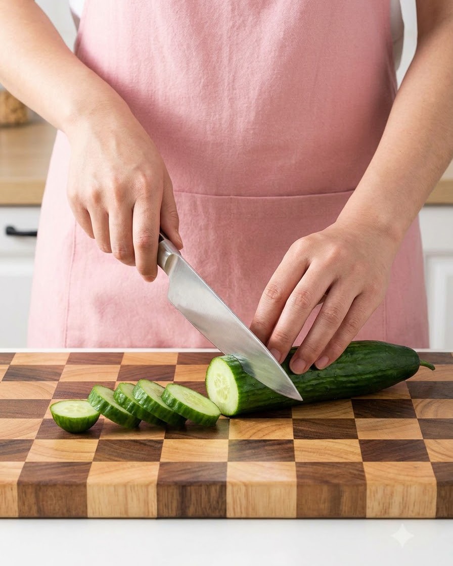 Una persona con delantal rosa cortando un pepino fresco en una tabla de madera a cuadros.