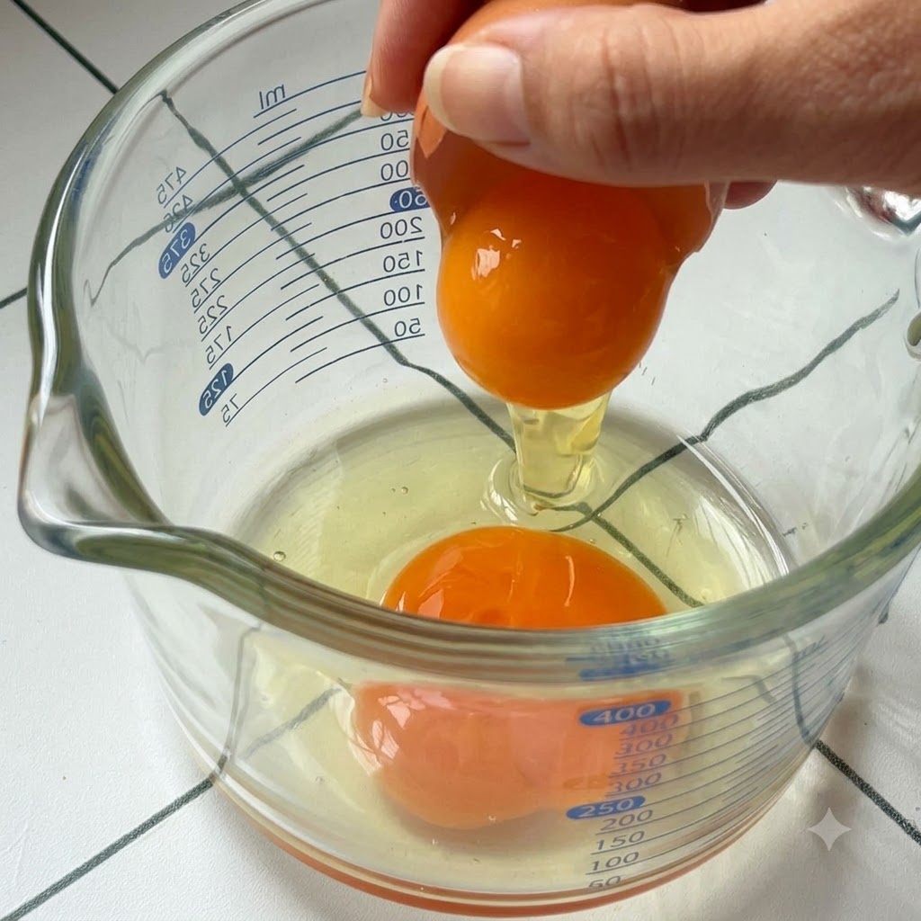 Un huevo siendo roto en un recipiente medidor de vidrio que contiene huevos previamente rotos y líneas de medición.