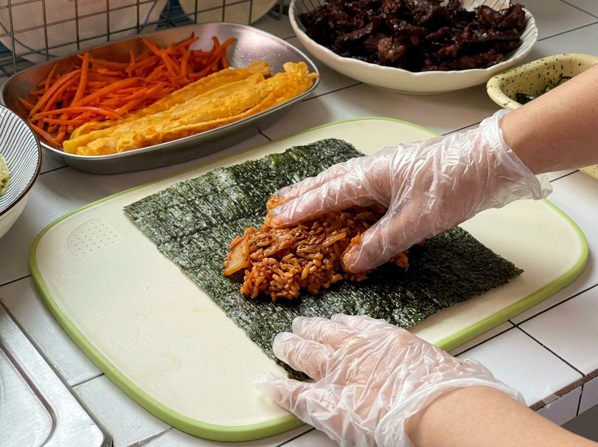 Manos con guantes extendiendo una capa de arroz frito con kimchi sobre una hoja de alga marina.