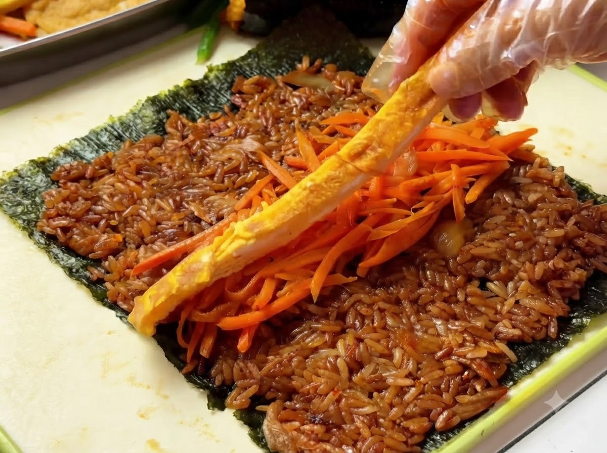 Una mano colocando una tira de huevo sobre los rellenos dispuestos encima del arroz.
