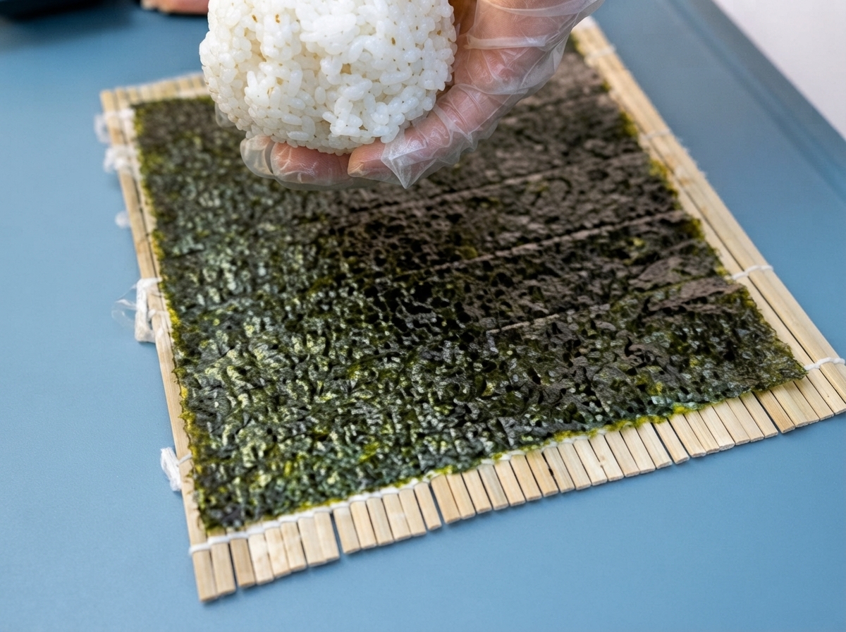 Una mano colocando una bola de arroz blanco sobre una lámina oscura de alga en una esterilla de bambú.
