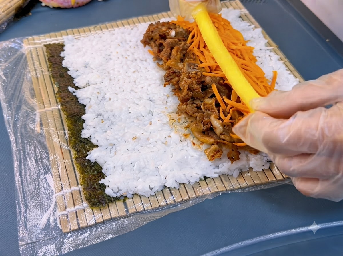 Una mano colocando una larga tira de rábano amarillo encurtido junto a las zanahorias y la carne sobre el arroz.