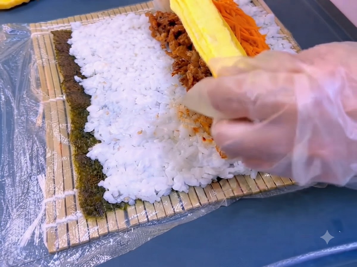 Una tira amarilla de tortilla sobre el relleno de zanahorias y ternera en una capa de kimbap.