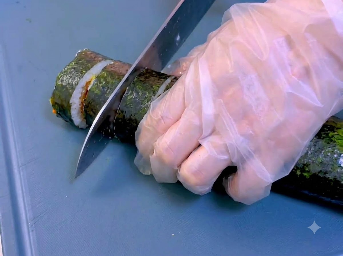 Un cuchillo afilado cortando un rollo de kimbap de algas sobre una tabla de cortar azul.