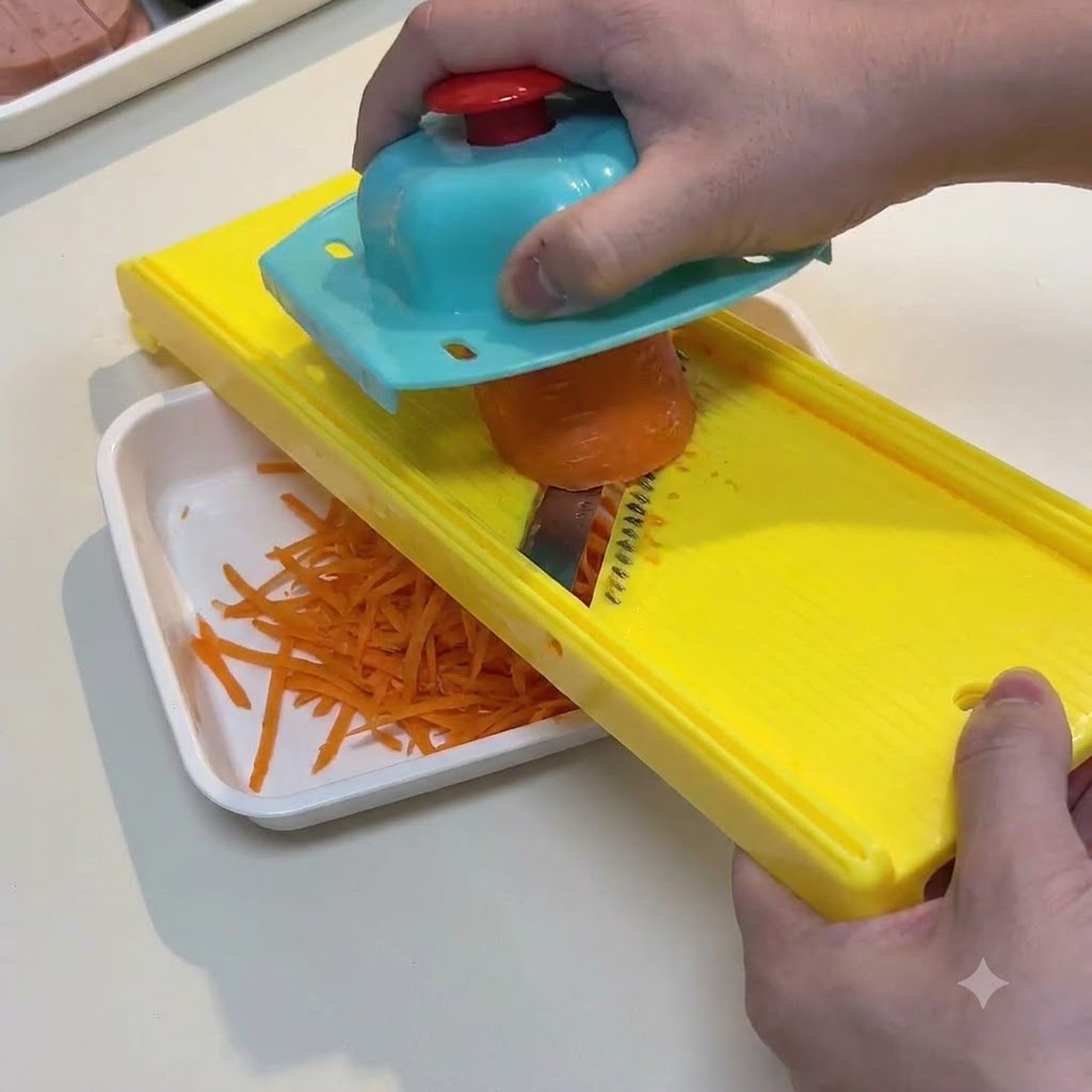 Una persona usando una mandolina de plástico amarilla para rallar una zanahoria naranja cruda en tiras finas.