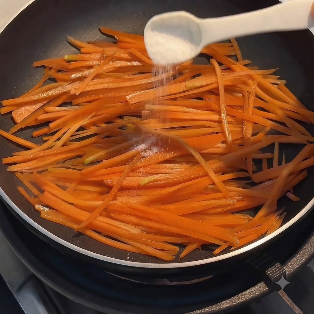 Una pizca de sal siendo esparcida desde una pequeña cuchara medidora sobre zanahorias ralladas de color naranja brillante que se cocinan en una sartén antiadherente negra.