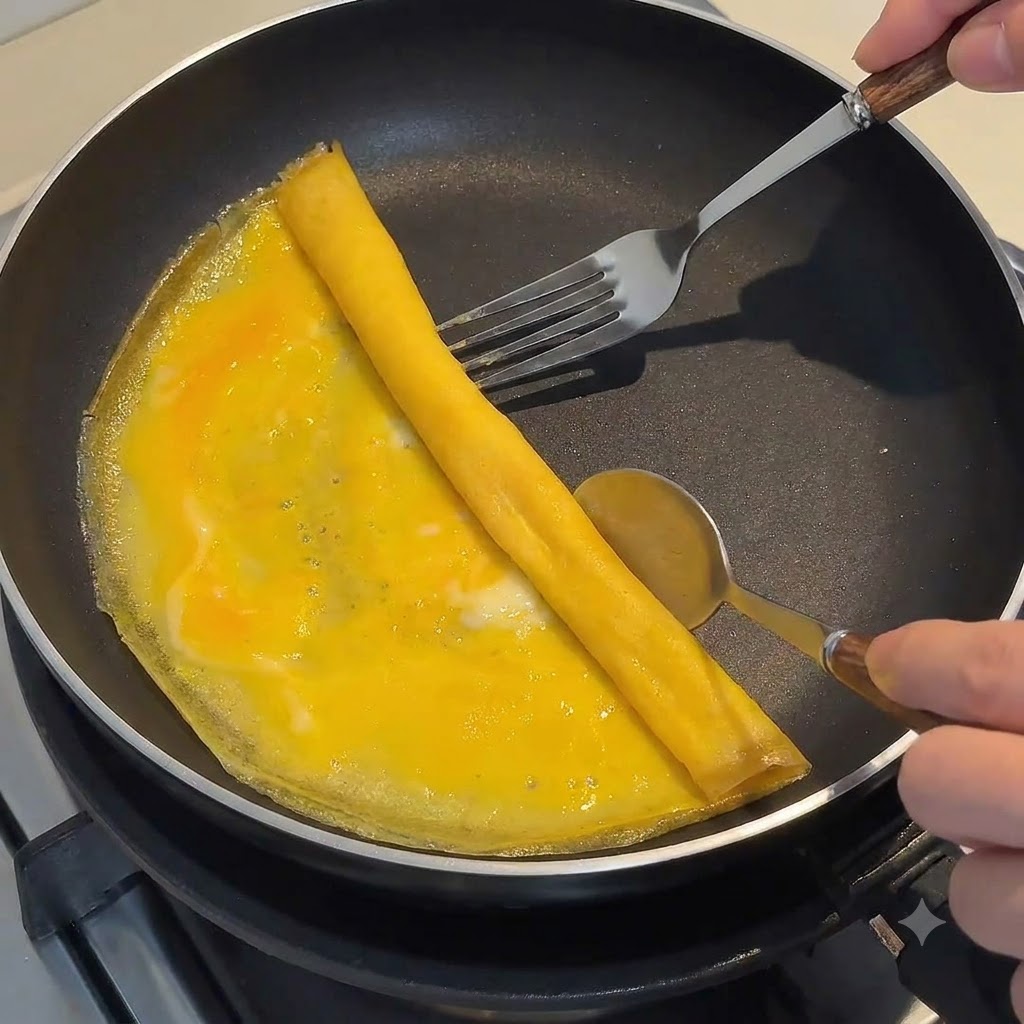 Una fina lámina de huevo siendo enrollada firmemente con un tenedor y una cuchara dentro de una sartén.