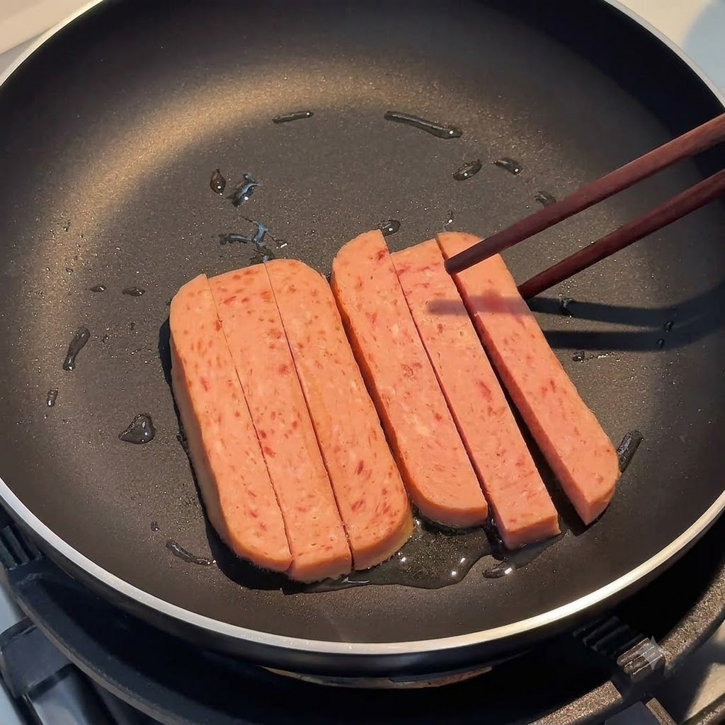 Tiras de jamón friéndose en una sartén, sostenidas y volteadas con palillos de madera.