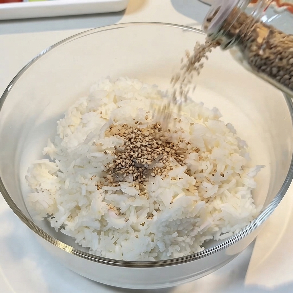 Semillas de sésamo blanco siendo vertidas desde un frasco en un bol de arroz cocido.