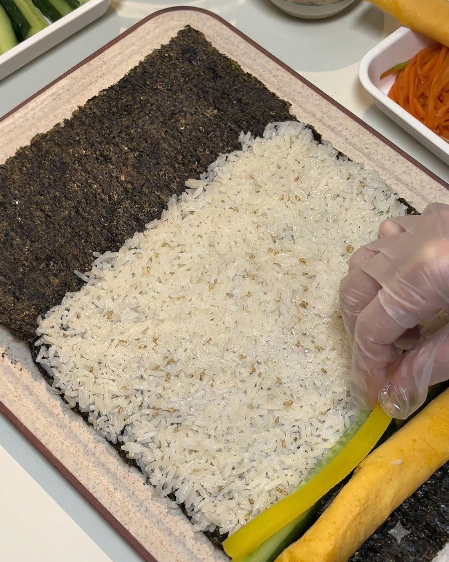 Manos enguantadas colocando rábano amarillo encurtido junto a un rollo de huevo cocido y arroz.
