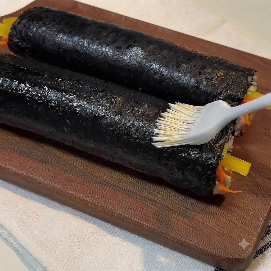 Un pincel de silicona aplicando una capa brillante de aceite de sésamo sobre dos rollos de alga terminados en una tabla de madera.