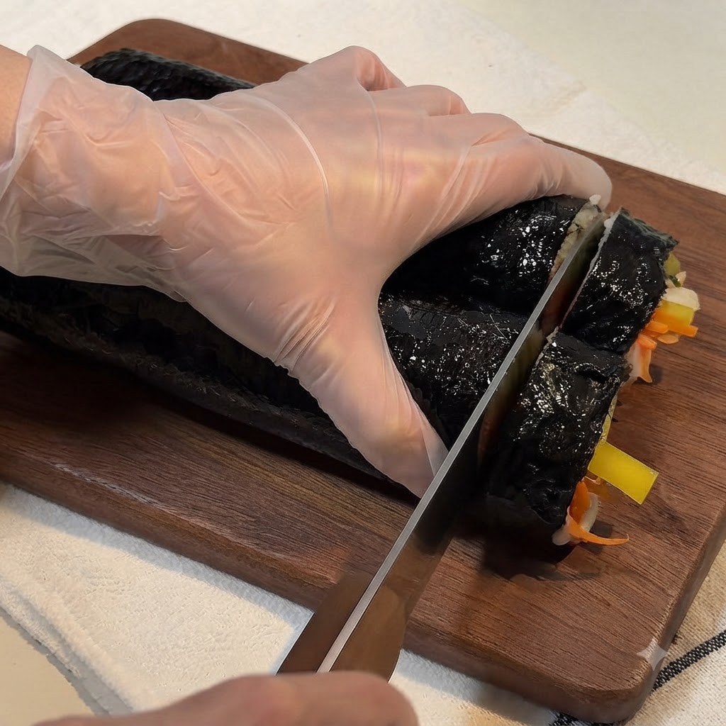 Un cuchillo afilado cortando un gimbap enrollado largo en una tabla de cortar de madera para crear porciones del tamaño de un bocado.