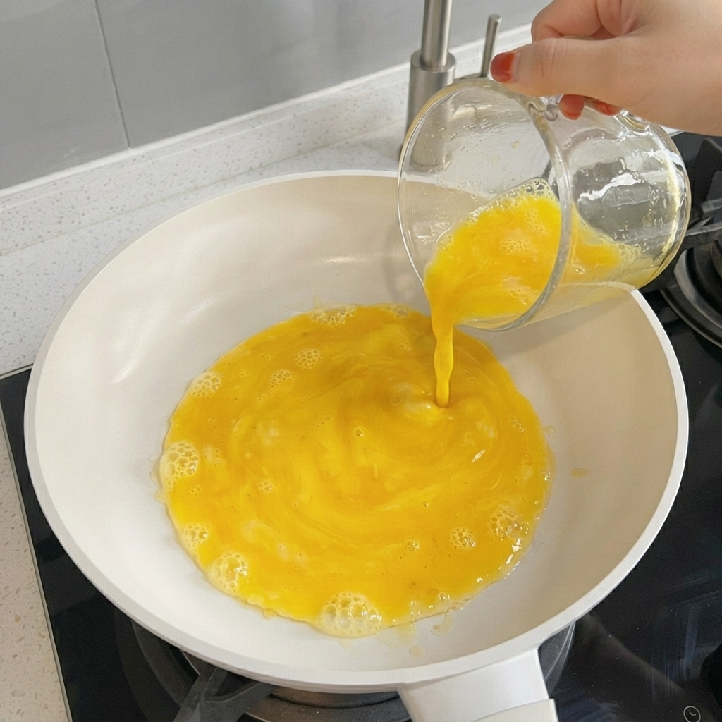Mezcla de huevo batido esparciéndose por una sartén caliente para formar una capa fina.