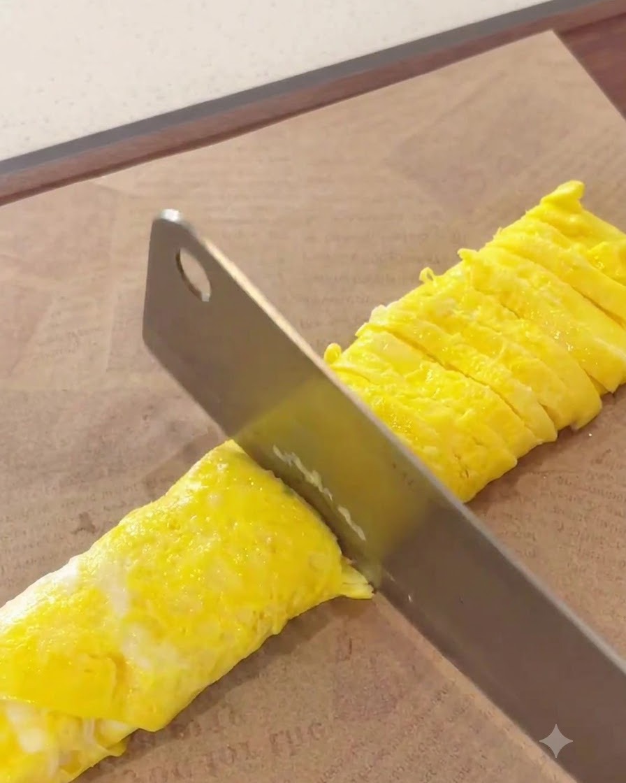 Una crepe de huevo enrollada siendo cortada ordenadamente en finas tiras amarillas sobre una tabla de cortar.