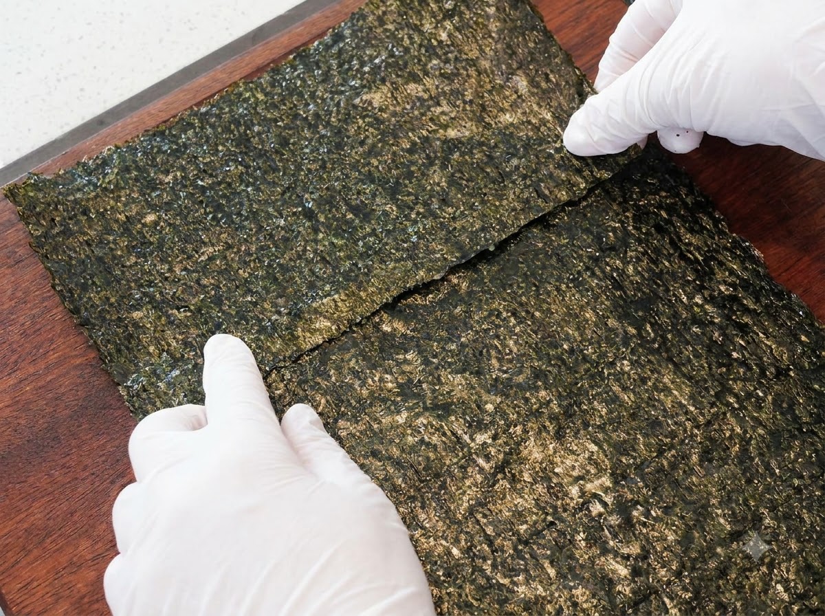 Una mitad de hoja de alga uniéndose a una hoja entera usando arroz pegajoso como adhesivo.