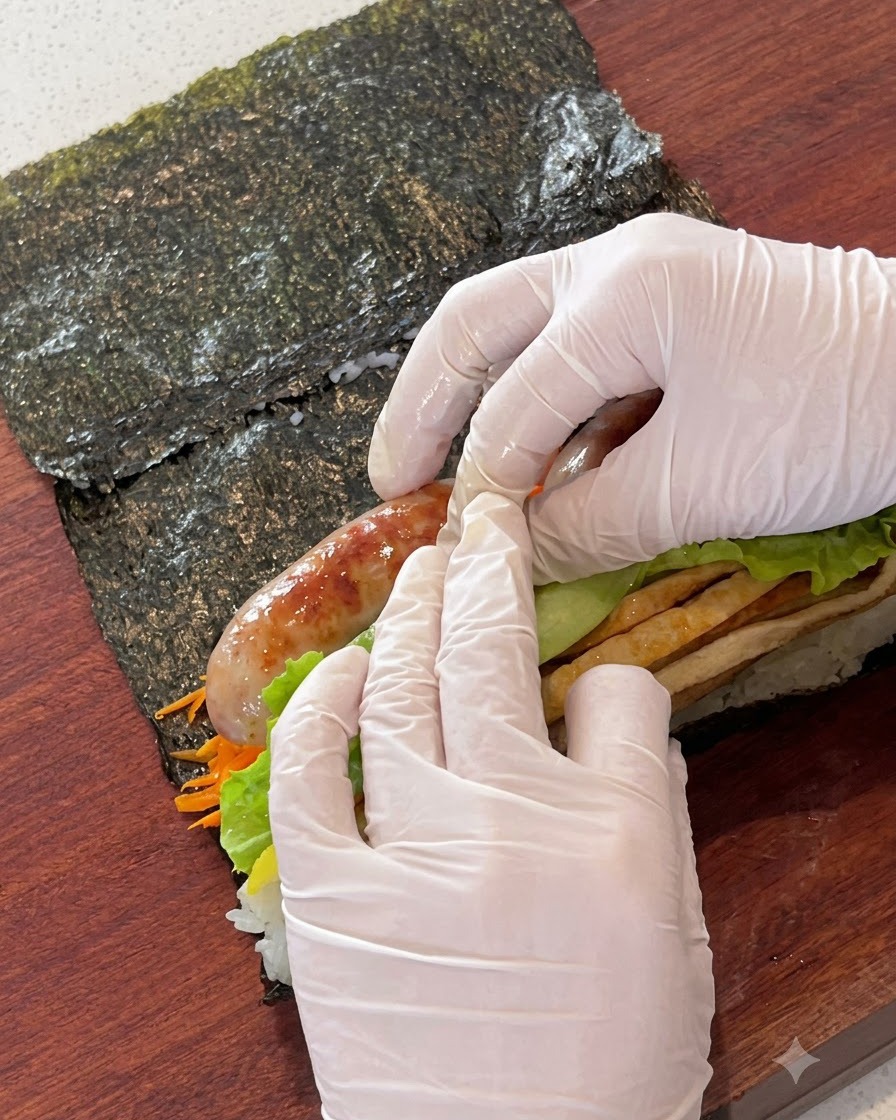 Salchichas a la plancha y hojas de lechuga fresca siendo colocadas encima de los rellenos del kimbap.