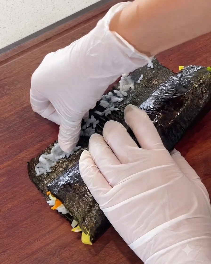 Manos enrollando firmemente la hoja de alga y los rellenos en un cilindro grueso.
