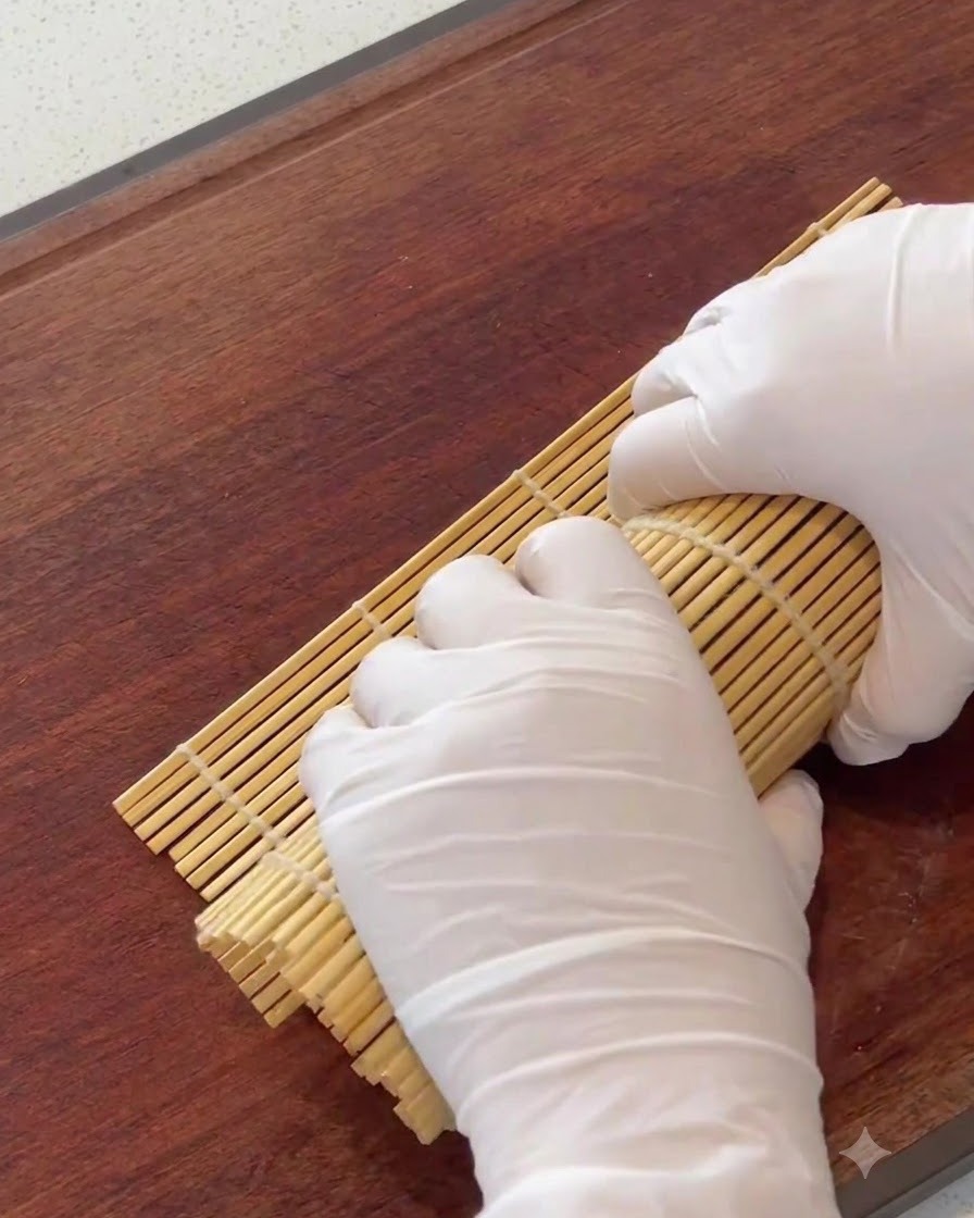 Una esterilla de bambú para sushi siendo utilizada para dar forma y compactar el rollo de kimbap.