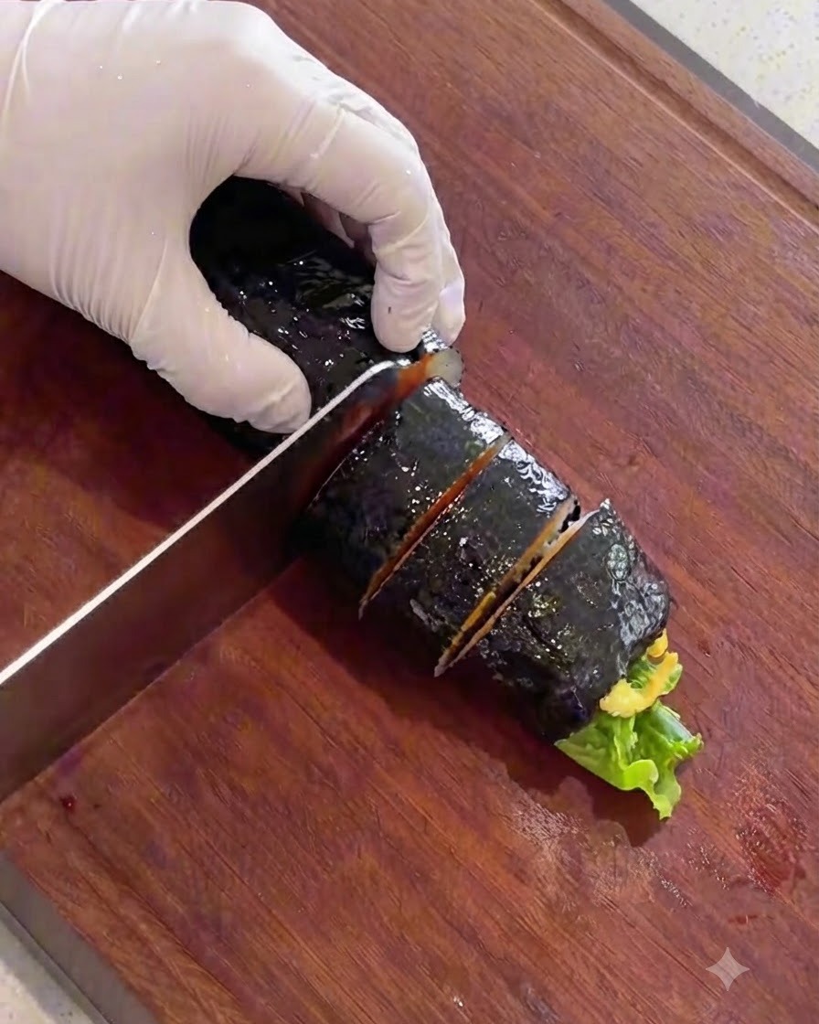 Un cuchillo afilado cortando un rollo de kimbap aceitado en piezas ordenadas de bocado sobre una tabla de madera.