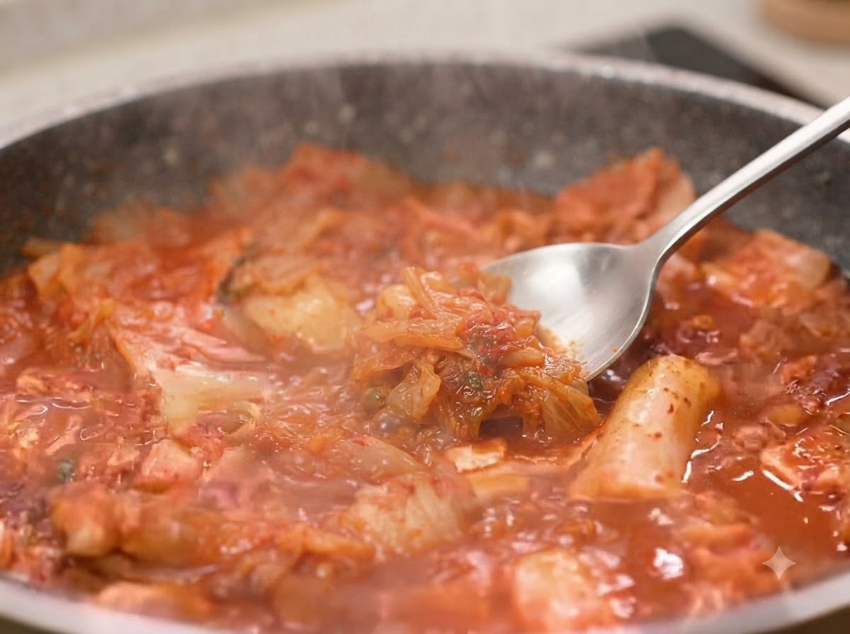 Ajo picado y salsa de soja añadidos a la sartén y mezclados a fondo con el kimchi y el cerdo.