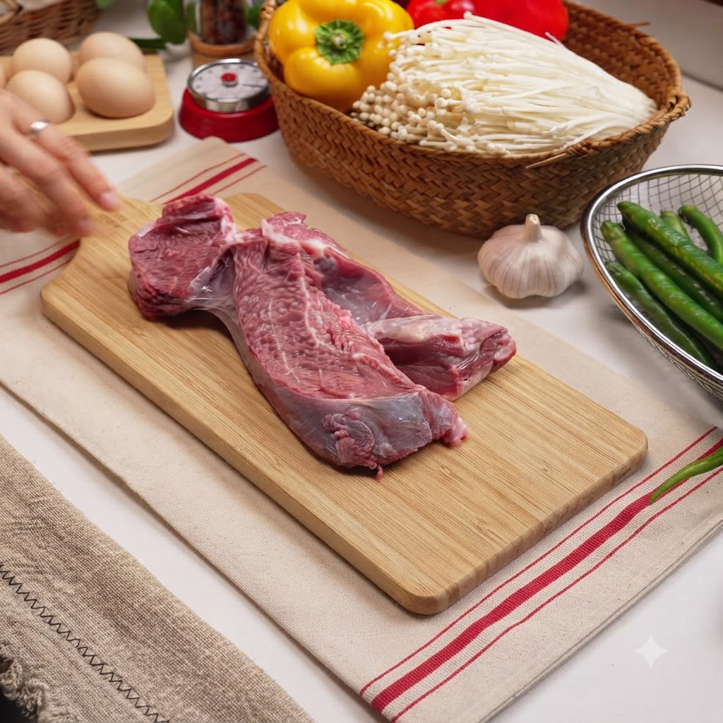 Rebanadas delgadas de carne de res cruda siendo cortadas en una tabla de cortar de madera.