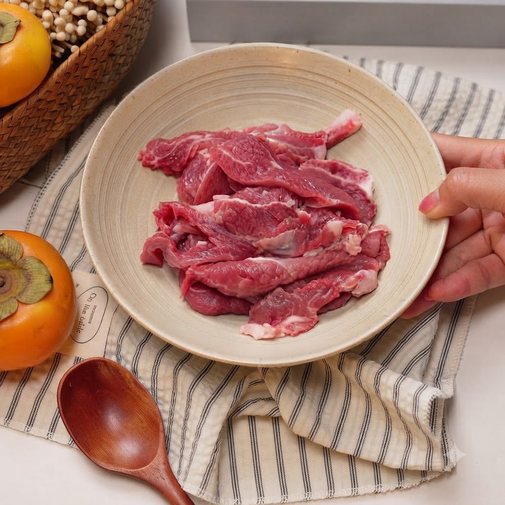 Rebanadas de carne de res cruda en un tazón de cerámica con salsa de soya, vino de cocina y fécula agregados encima.