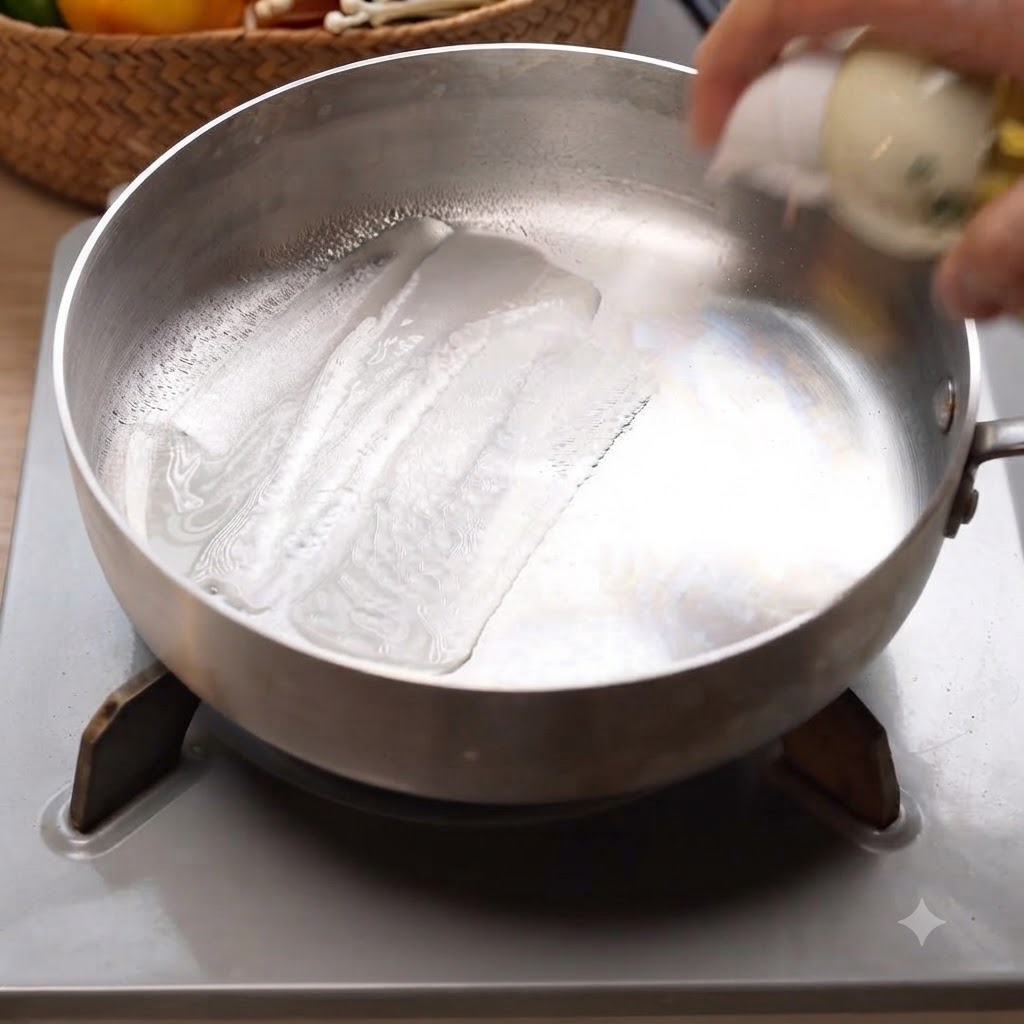 Rebanadas de cebolla blanca salteándose en una sartén metálica poco profunda con aceite.