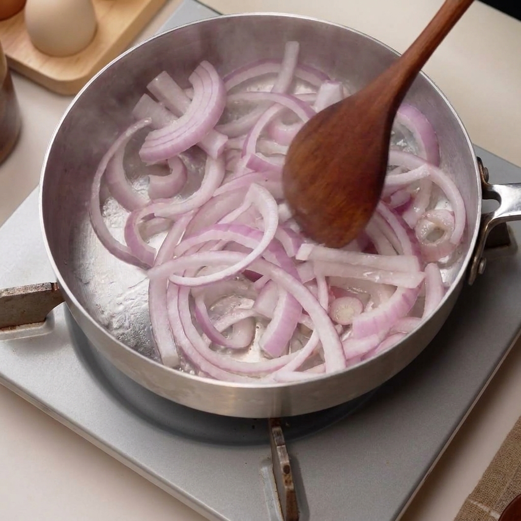 Cebollas rebanadas salteándose en una sartén caliente.