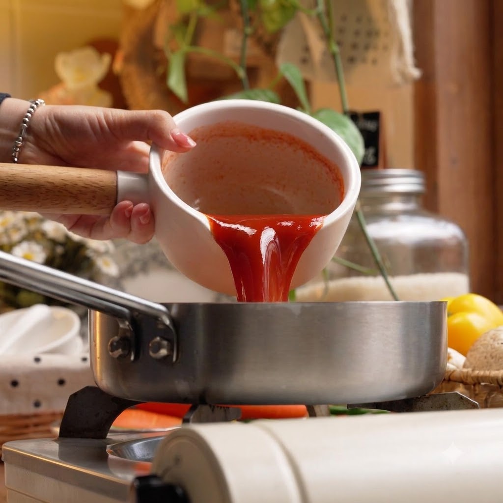 Salsa de chile coreano roja y espesa siendo vertida desde una jarra de cerámica blanca en una sartén de cocina.