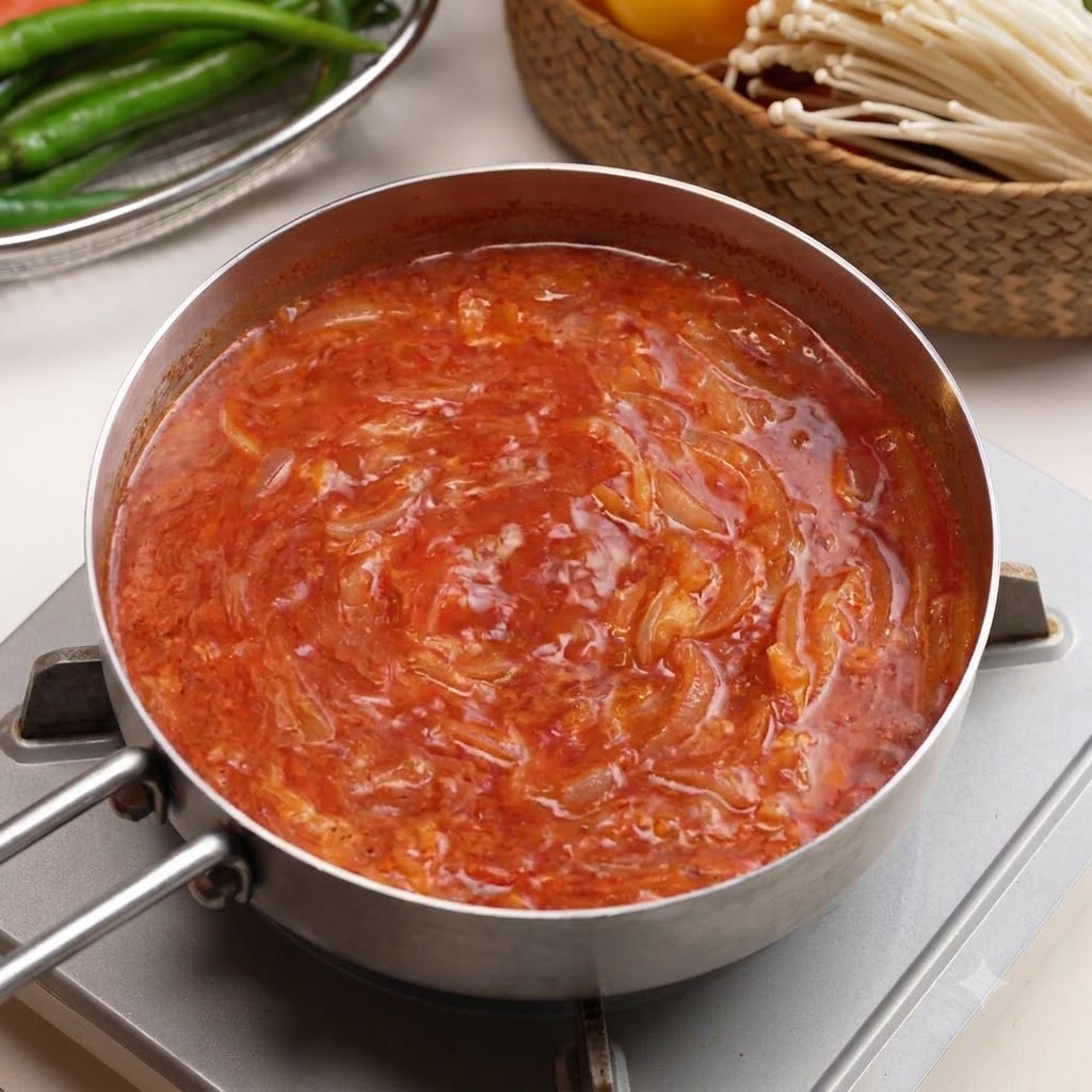 Una sartén llena de caldo rojo de kimchi hirviendo a fuego lento rodeada de ingredientes frescos como champiñones enóki y chiles frescos.