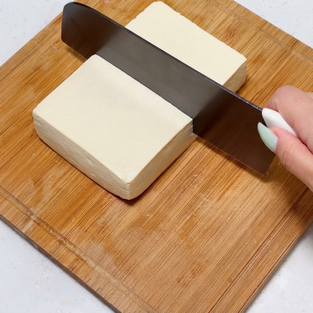 Un bloque de tofu firme siendo cortado en trozos iguales sobre una tabla de cortar de madera.