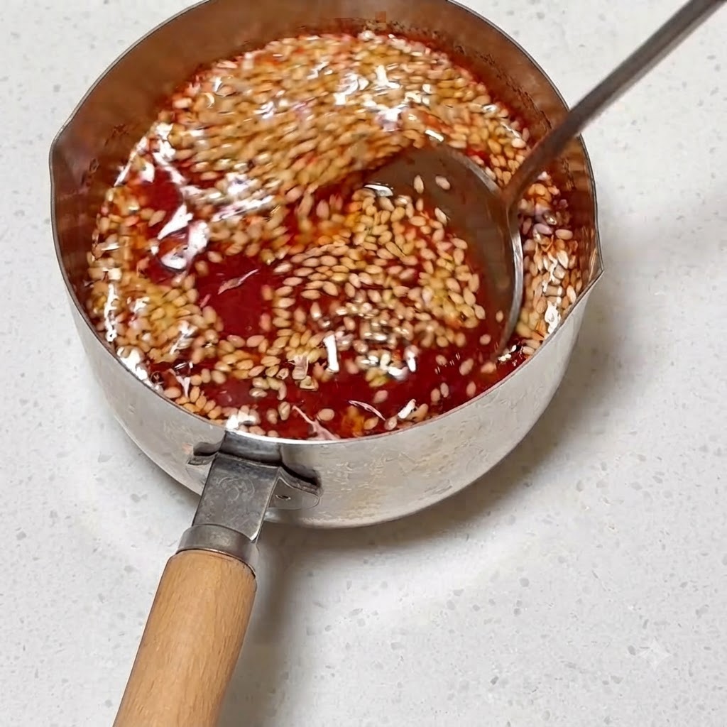 Ingredientes de la salsa siendo mezclados en una olla de metal con una cuchara.