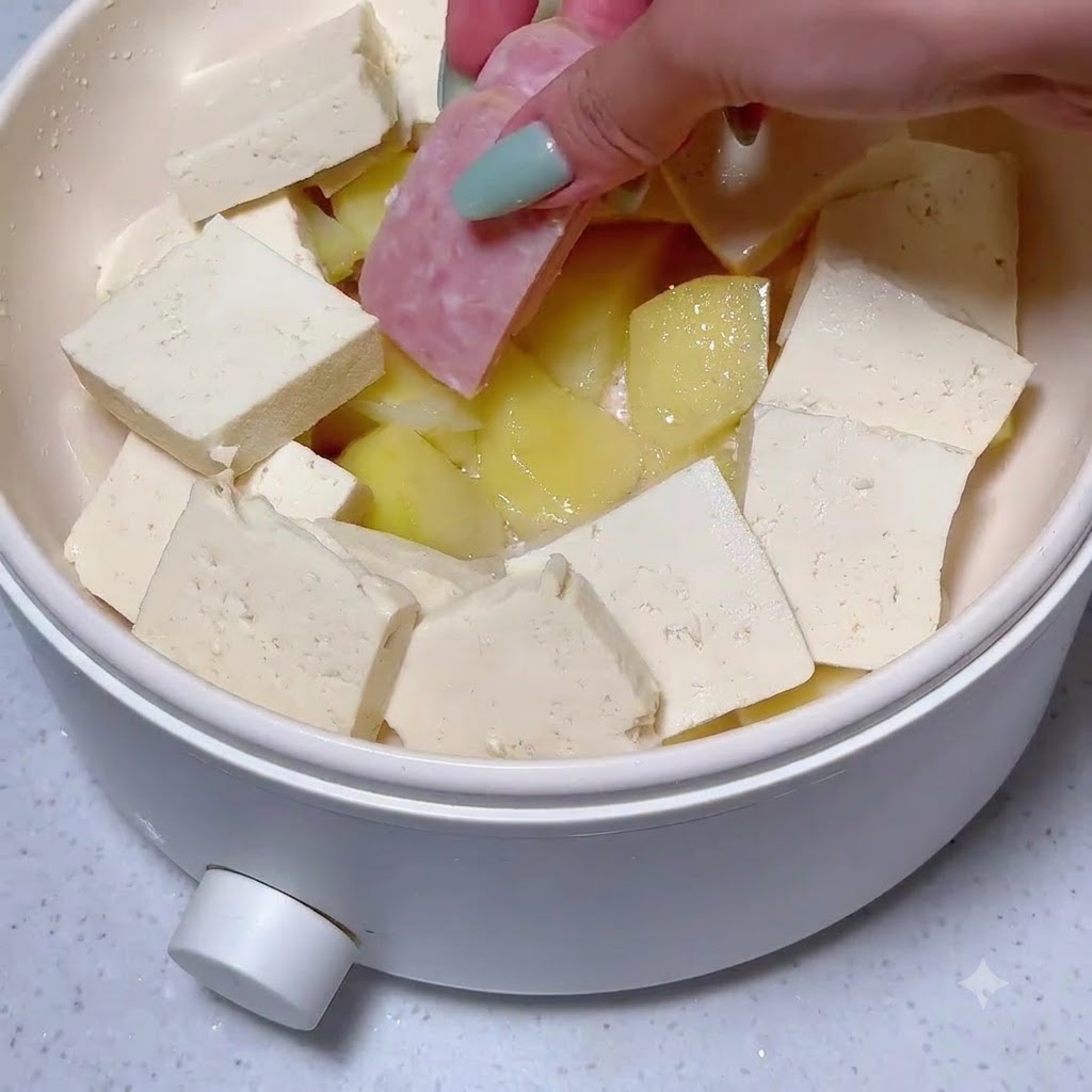 Rodajas de carne enlatada siendo añadidas entre otros ingredientes en la sartén de cocina.