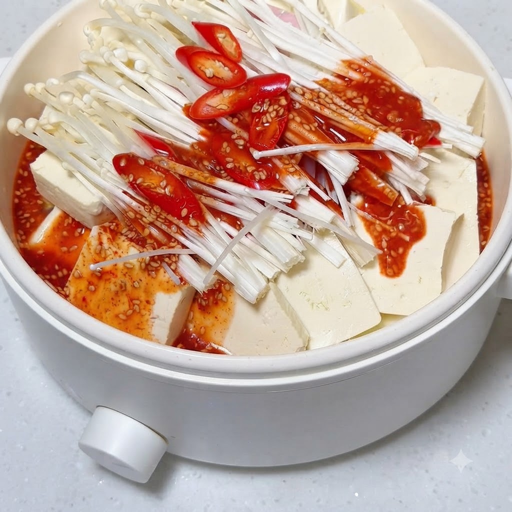 Salsa roja picante con semillas de sésamo siendo vertida sobre el tofu y los champiñones dispuestos en la olla.