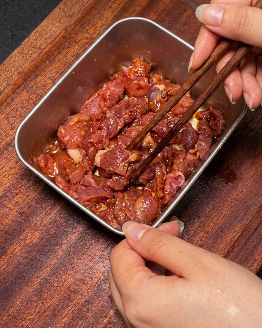 Manos usando palillos de madera para remover y mezclar las láminas de ternera con el marinado.