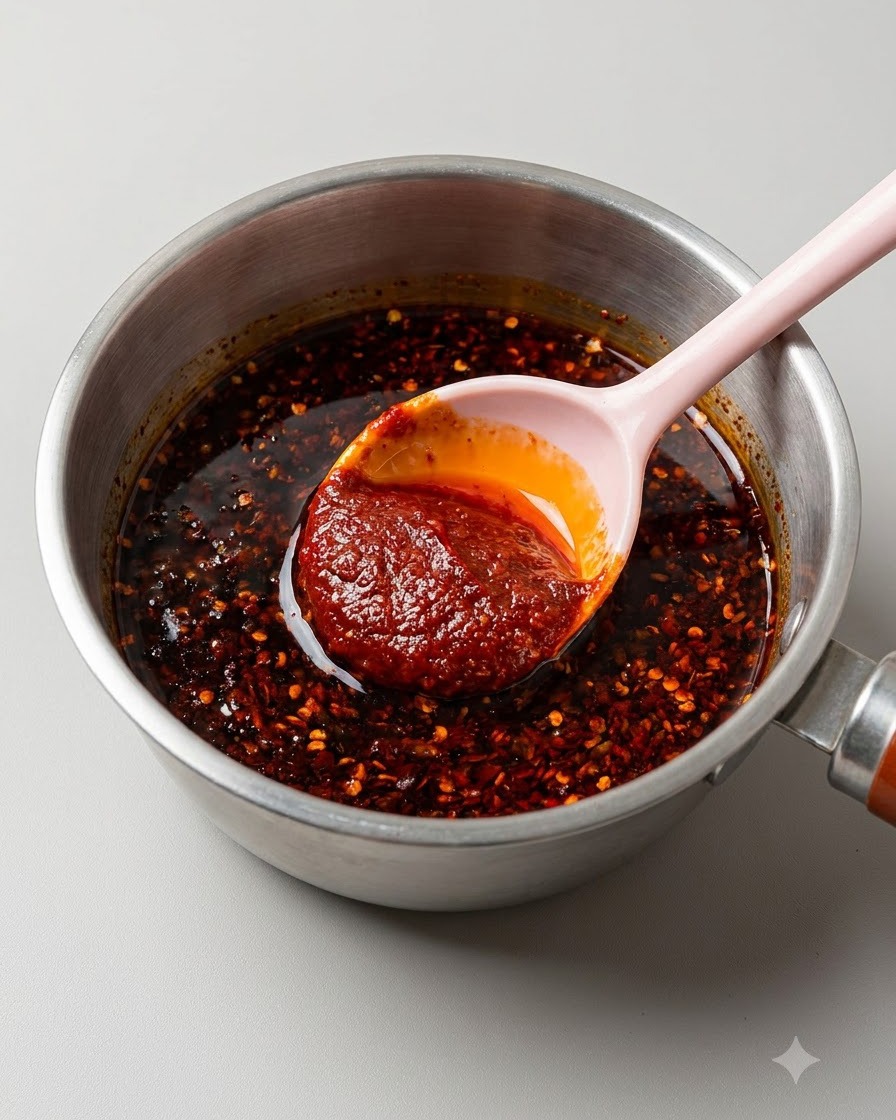 Una cuchara rosa levantando una mezcla espesa de salsa de chile de color rojo brillante.