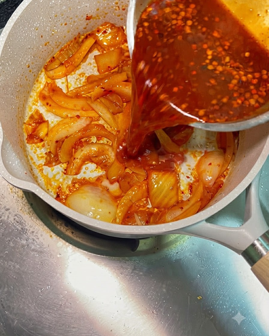 Salsa roja de chile vertiéndose desde un cuenco sobre la cebolla y el kimchi salteados.