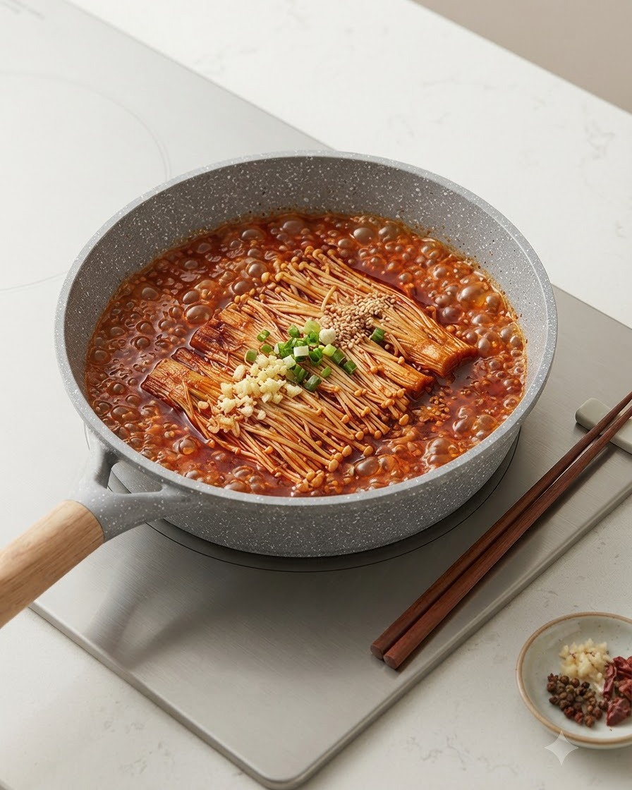 Setas enoki, ajo picado y semillas de sésamo colocados en el centro de un caldo rojo hirviendo.