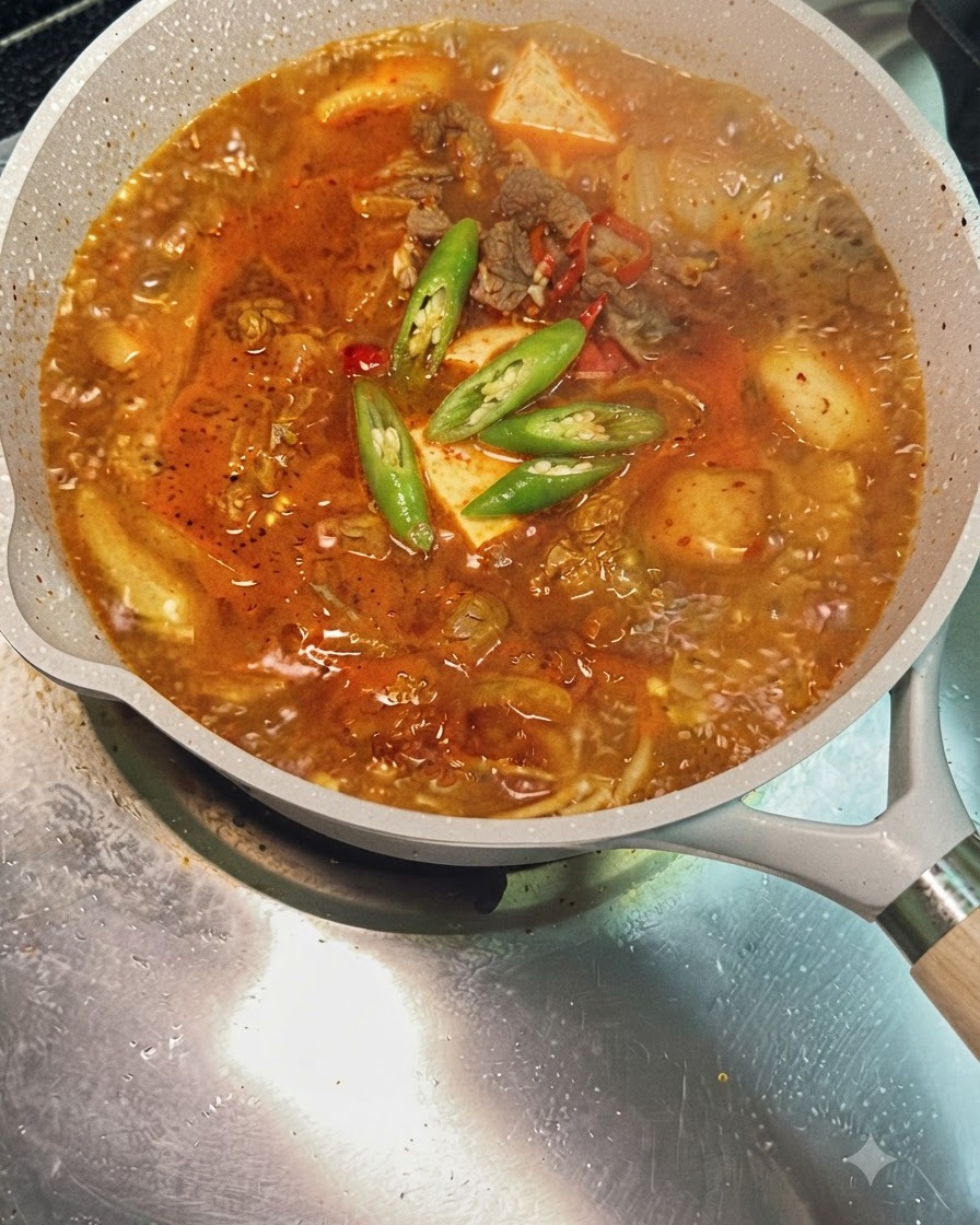 Rodajas de chile verde y rojo flotando sobre la superficie de la sopa hirviendo de kimchi y ternera.