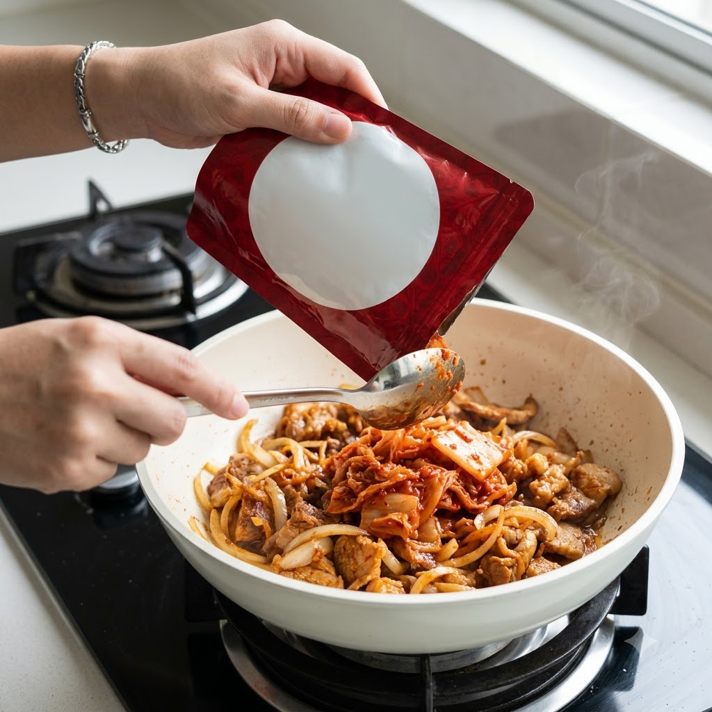 Kimchi saliendo de una bolsa roja y cayendo en la sartén.