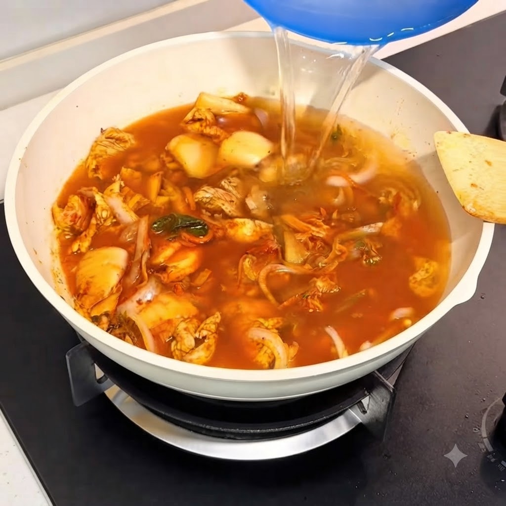 Agua siendo vertida desde un recipiente azul hacia la sartén con los ingredientes salteados.