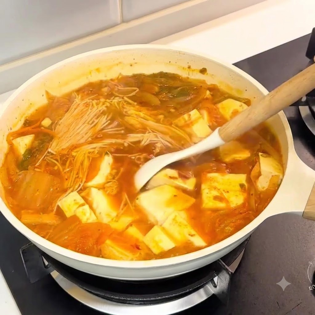 Un cucharón blanco removiendo una olla de sopa burbujeante sobre la estufa.