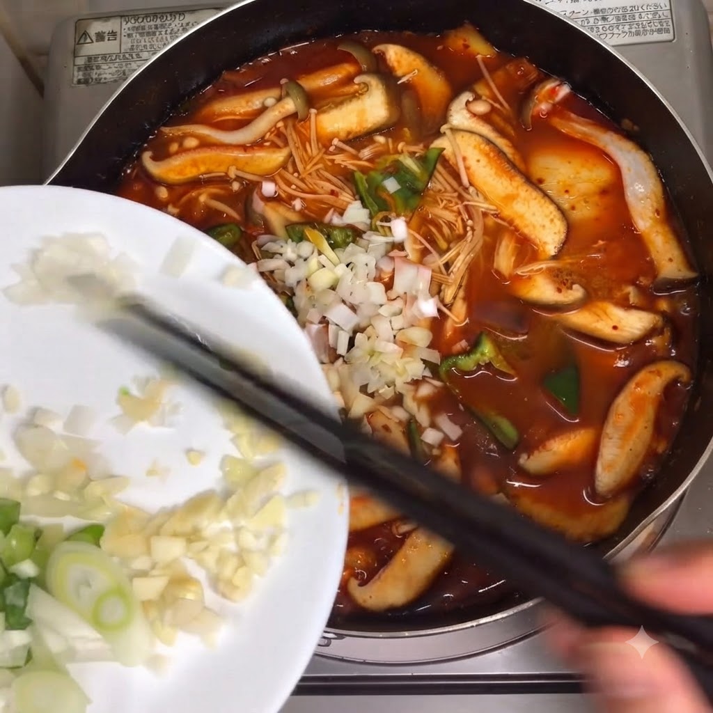 Ajo picado y cebollinos siendo vertidos desde un plato blanco en una olla de sopa a fuego lento usando palillos.