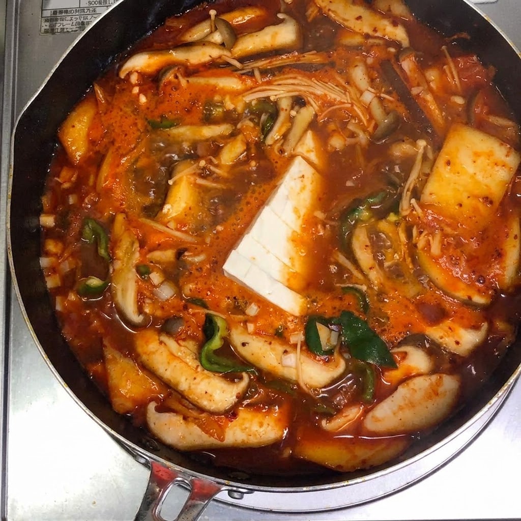 Rodajas de tofu firme blanco siendo colocadas con cuidado en el centro de una olla de sopa roja de kimchi hirviendo.